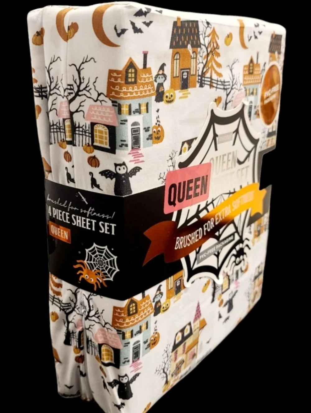 Haunted House Village Queen Bed Sheets Witch Black Cat Ghost Pumpkin Halloween